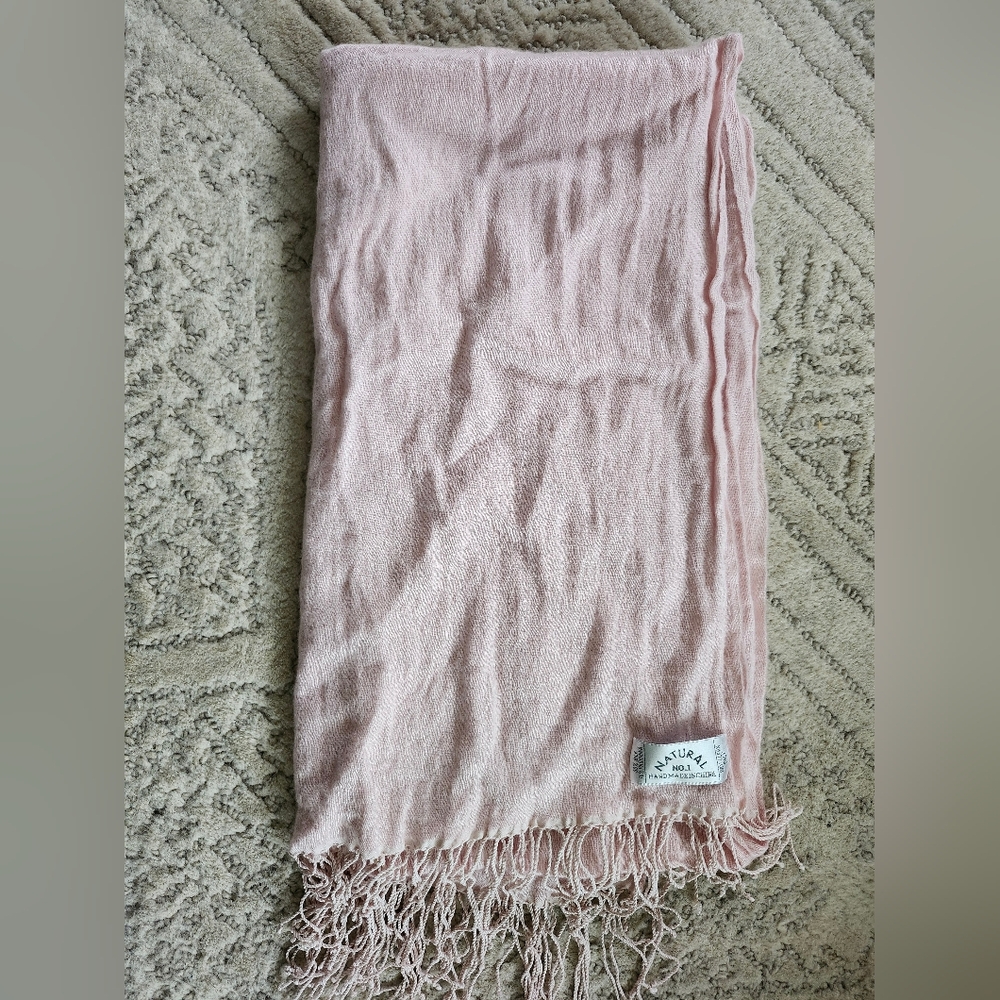 Large Light Pink Silk & Pashmina Fringed Scarf